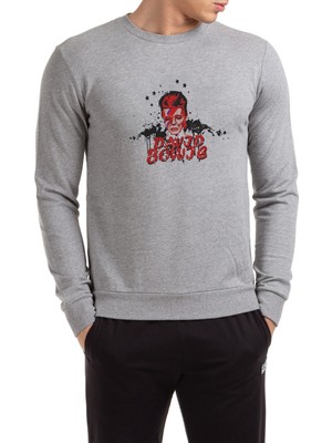 Qivi David Bowie Baskılı Gri Erkek Örme Sweatshirt Uzun Kol