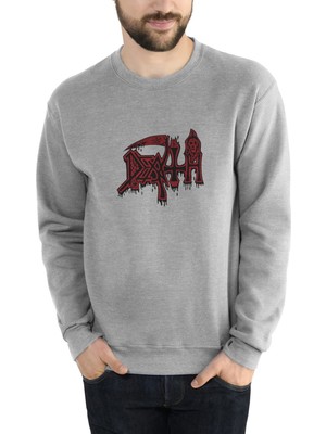 Qivi Death Logo Baskılı Gri Erkek Örme Sweatshirt Uzun Kol