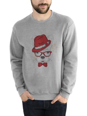 Qivi Köpek Kırmızı Şapkalı Gözlüklü Papyonlu Köpek Baskılı Gri Erkek Örme Sweatshirt Uzun Kol