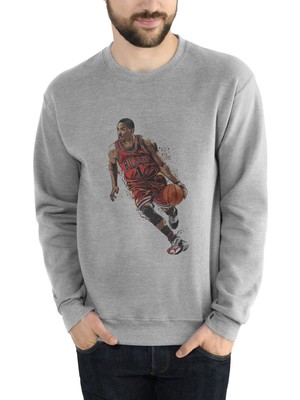 Qivi Bulls Basket Basketci Baskılı Gri Erkek Örme Sweatshirt Uzun Kol