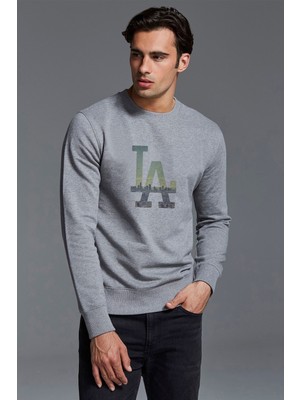 Qivi La Basketbol Baskılı Gri Erkek Örme Sweatshirt Uzun Kol