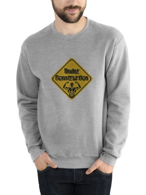 Qivi Under Construction Baskılı Gri Erkek Örme Sweatshirt Uzun Kol