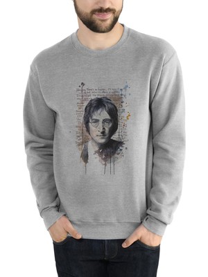 Qivi John Lennon Baskılı Gri Erkek Örme Sweatshirt Uzun Kol