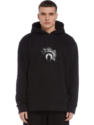 Qivi James Bond Baskılı Siyah Erkek Örme Kapşonlu Sweatshirt Uzun Kol