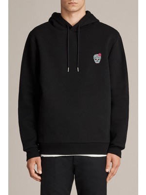 Qivi Cool Skull Rose Baskılı Siyah Erkek Örme Kapşonlu Sweatshirt Uzun Kol