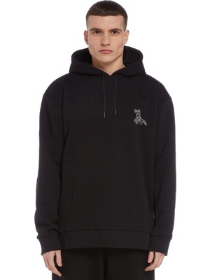 Qivi Pitbull Germany Baskılı Siyah Erkek Örme Kapşonlu Sweatshirt Uzun Kol