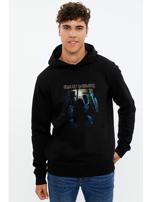 Qivi Maıden Drıfter Metal Rock Baskılı Siyah Erkek Örme Kapşonlu Sweatshirt Uzun Kol