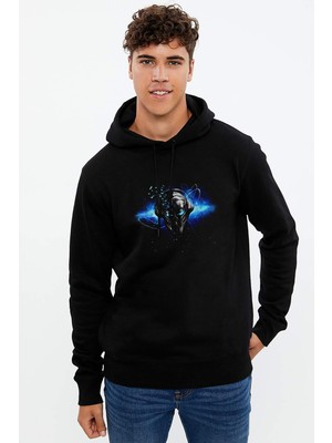Qivi Cool Skull With Kurukafa Baskılı Siyah Erkek Örme Kapşonlu Sweatshirt Uzun Kol