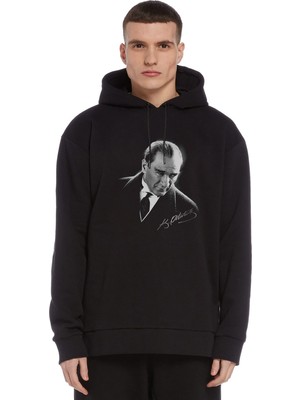 Qivi Atatürk Portre Baskılı Siyah Erkek Örme Kapşonlu Sweatshirt Uzun Kol