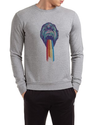 Qivi Monkey Baskılı Gri Erkek Örme Sweatshirt Uzun Kol