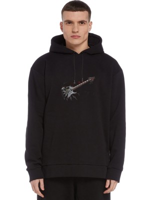 Qivi Metal Rock And Roll Guitar Heavy Baskılı Siyah Erkek Örme Kapşonlu Sweatshirt Uzun Kol