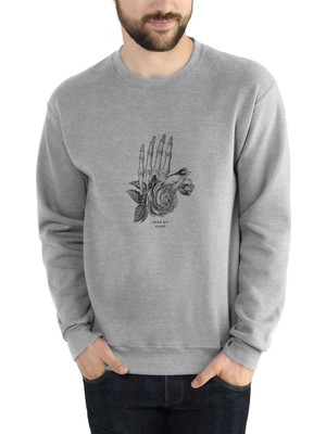 Qivi Skull Lockscreen Tumblr Rose Gül Baskılı Gri Erkek Örme Sweatshirt Uzun Kol
