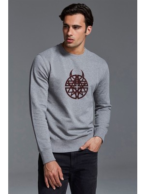 Qivi Arch Metal Rock Logo Arma Baskılı Gri Erkek Örme Sweatshirt Uzun Kol