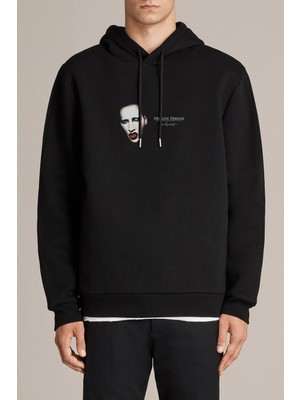 Qivi Marilyn Manson Metal Rock Music Müzik Baskılı Siyah Erkek Örme Kapşonlu Sweatshirt Uzun Kol