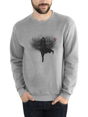 Qivi The Witcher Baskılı Gri Erkek Örme Sweatshirt Uzun Kol