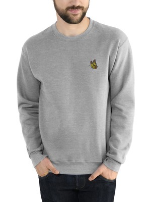 Qivi Butterfly Yellow Clip Baskılı Gri Erkek Örme Sweatshirt Uzun Kol