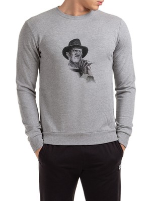 Qivi Freddy Krueger White Shadow Baskılı Gri Erkek Örme Sweatshirt Uzun Kol