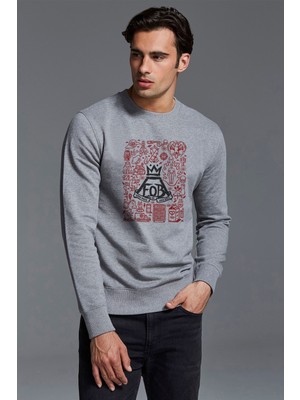 Qivi Fob Out Boy Logo Save Rock Baskılı Gri Erkek Örme Sweatshirt Uzun Kol