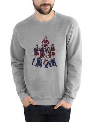 Qivi K Pop Koreli Muzik Grubu Generation Baskılı Gri Erkek Örme Sweatshirt Uzun Kol
