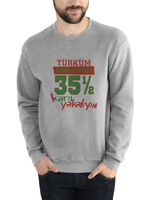 Qivi Türküm Doğruyum Karşıyakalıyım Izmir 35,5 Baskılı Gri Erkek Örme Sweatshirt Uzun Kol