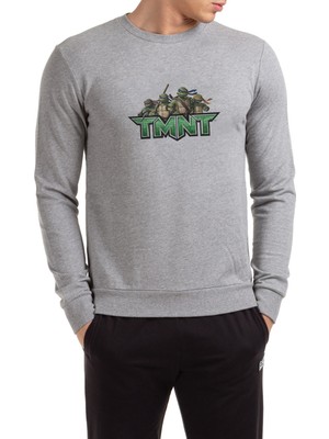 Qivi Teenage Mutant Ninja Turtles Logo Baskılı Gri Erkek Örme Sweatshirt Uzun Kol