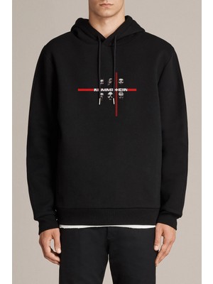 Qivi Rammstein Logo Metal Rock Music Baskılı Siyah Erkek Örme Kapşonlu Sweatshirt Uzun Kol