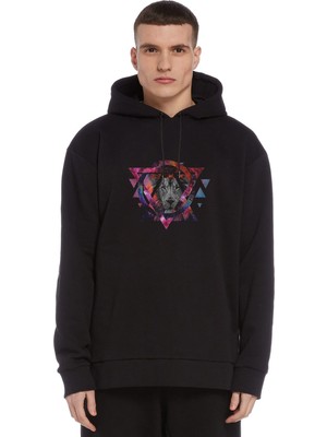 Qivi Triangle Lion Screen 2 Baskılı Siyah Erkek Örme Kapşonlu Sweatshirt Uzun Kol