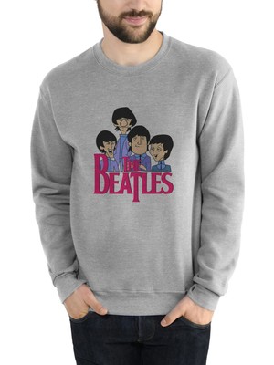 Qivi The Beatles Baskılı Gri Erkek Örme Sweatshirt Uzun Kol