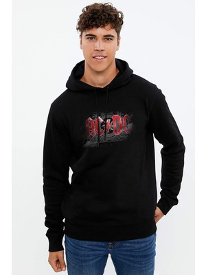 Qivi Ac Dc Awesome Black Ice Fondo Baskılı Siyah Erkek Örme Kapşonlu Sweatshirt Uzun Kol