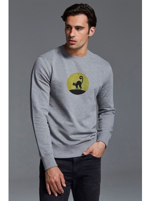 Qivi Black Cat In The Moon Baskılı Gri Erkek Örme Sweatshirt Uzun Kol