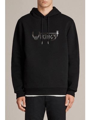 Qivi Vikings Icon Baskılı Siyah Erkek Örme Kapşonlu Sweatshirt Uzun Kol