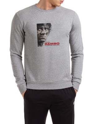 Qivi John Rambo Sylvester Stallone Baskılı Gri Erkek Örme Sweatshirt Uzun Kol
