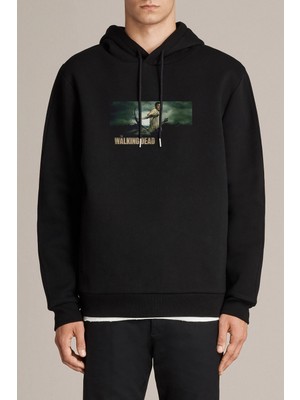 Qivi The Walking Dead Baskılı Siyah Erkek Örme Kapşonlu Sweatshirt Uzun Kol