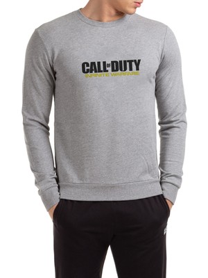 Qivi Call Of Duty Infinite Warfare Logo Baskılı Gri Erkek Örme Sweatshirt Uzun Kol