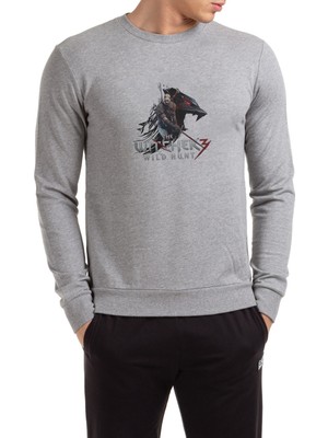 Qivi The Witcher Transparent Baskılı Gri Erkek Örme Sweatshirt Uzun Kol