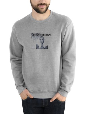 Qivi Eminem The Real Slim Shady Baskılı Gri Erkek Örme Sweatshirt Uzun Kol