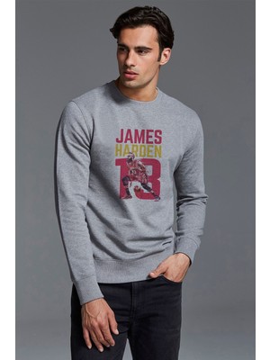 Qivi James Harden Basketbolcu Sporcu Baskılı Gri Erkek Örme Sweatshirt Uzun Kol