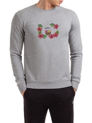 Qivi Red Tropical Flower Baskılı Gri Erkek Örme Sweatshirt Uzun Kol