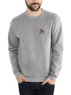 Qivi Çiçek ve Kahverengi Kuş Çizimi Kuş Baskılı Gri Erkek Örme Sweatshirt Uzun Kol