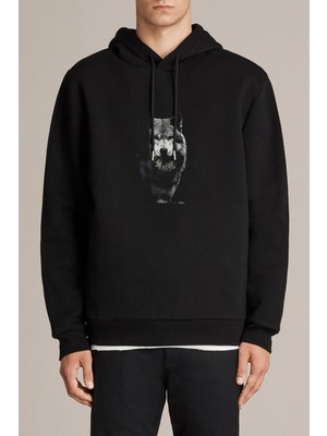 Qivi Dark Alpha Wolf Baskılı Siyah Erkek Örme Kapşonlu Sweatshirt Uzun Kol
