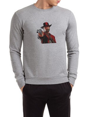 Qivi Red Dead 2 Arthur Morgan Baskılı Gri Erkek Örme Sweatshirt Uzun Kol