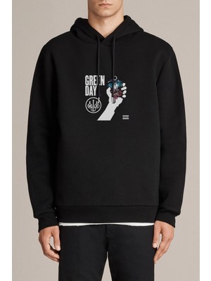 Qivi Green Day Versus Logo Baskılı Siyah Erkek Örme Kapşonlu Sweatshirt Uzun Kol