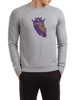 Qivi The King 23 La Basketbol Baskılı Gri Erkek Örme Sweatshirt Uzun Kol