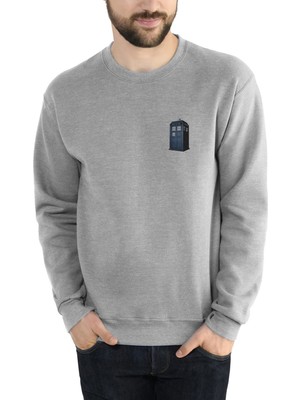 Qivi Doctor Who Tardis Baskılı Gri Erkek Örme Sweatshirt Uzun Kol
