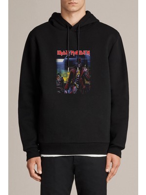 Qivi Maıden Eddıe Somewhere In Baskılı Siyah Erkek Örme Kapşonlu Sweatshirt Uzun Kol