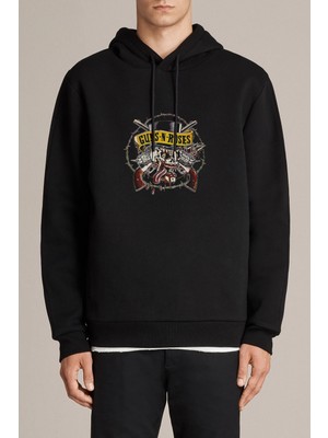 Qivi Guns N Roses Metal Baskılı Siyah Erkek Örme Kapşonlu Sweatshirt Uzun Kol