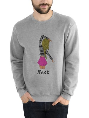Qivi Friends Kalpli Kızlar Best Baskılı Gri Erkek Örme Sweatshirt Uzun Kol