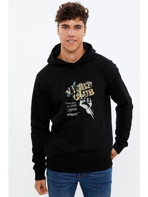 Qivi Club Metal Rock Muzik Music Baskılı Siyah Erkek Örme Kapşonlu Sweatshirt Uzun Kol