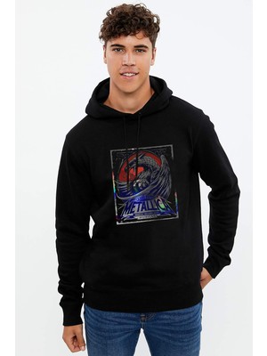 Qivi Metaallica Gran Rapids Metal Rock Müzik Baskılı Siyah Erkek Örme Kapşonlu Sweatshirt Uzun Kol