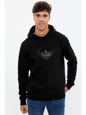 Qivi The Rock Star Logo Baskılı Siyah Erkek Örme Kapşonlu Sweatshirt Uzun Kol